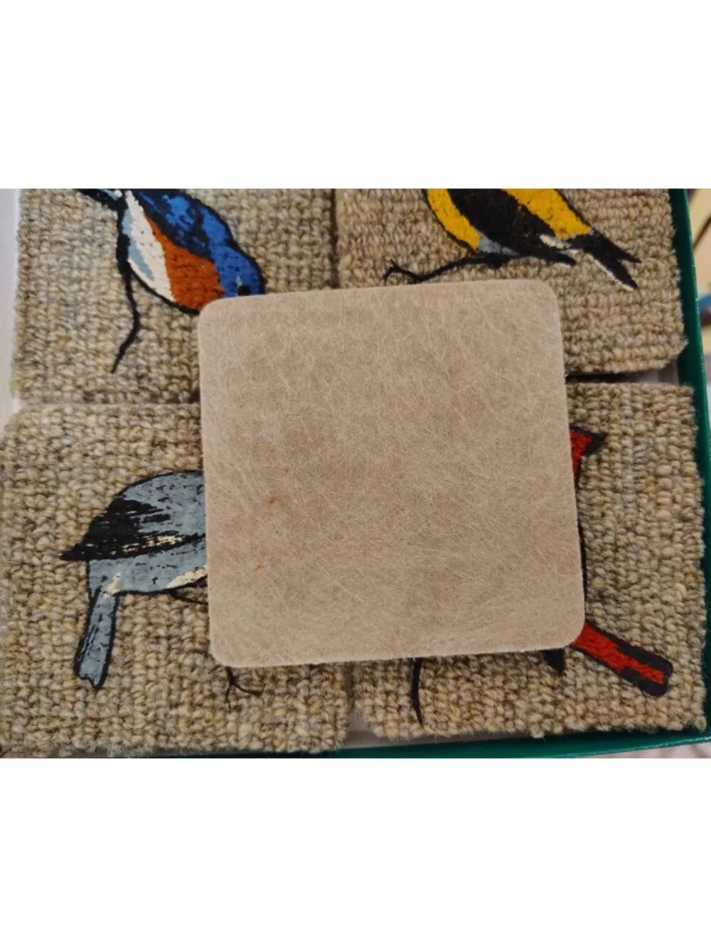 Vintage Set of 8 Carpet Square Coasters, Birds, Cardinal Blue Yellow Bird, Finch